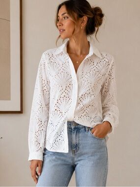 Yaya Women White Eyelet Embroidered Button Front Cotton Blouse Top 38